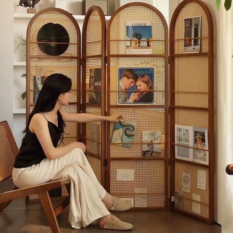 Room Divider Bamboo - Mobile rattan folding screen living room