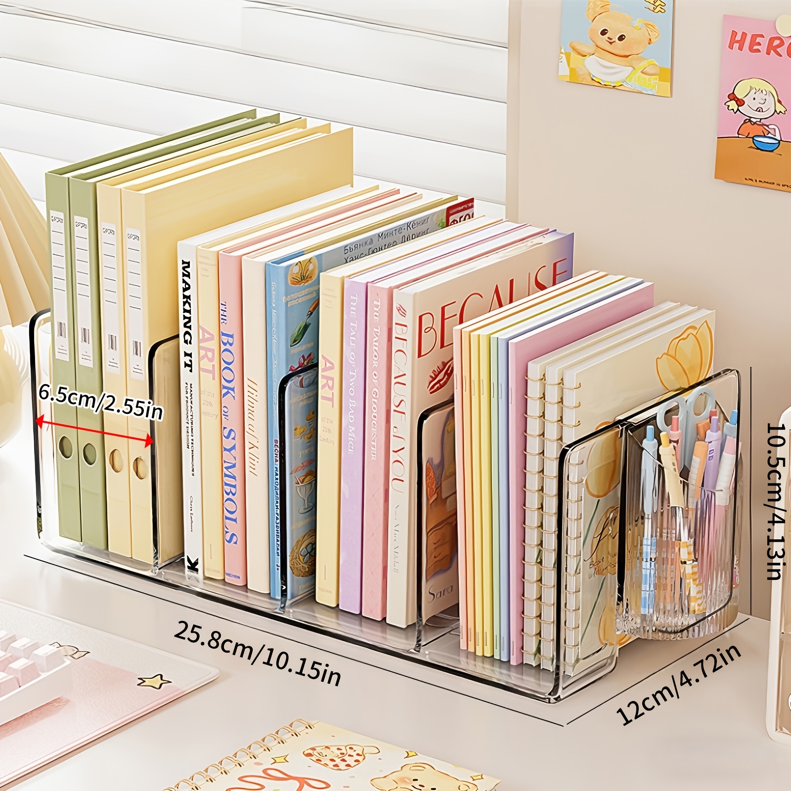 Desktop Filing Tray - 4-Grid Transparent Acrylic Bookend Storage Rack